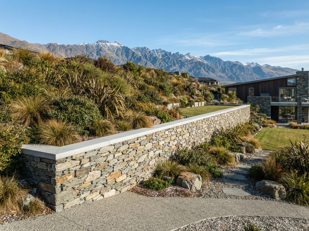 Natural schist retaining wall with tiered planting in a Central Otago setting