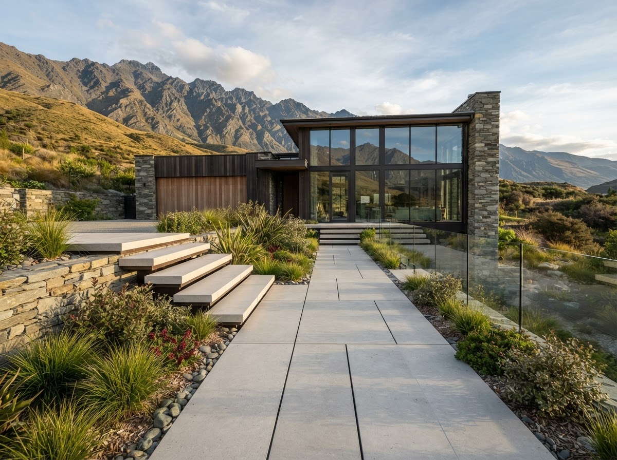 Large-format pale stone pavers with clean joints and planted edges