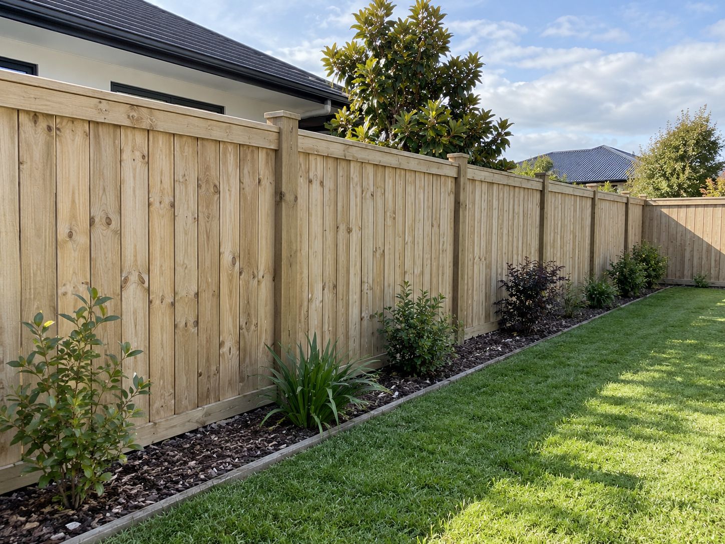 Timber paling fence in a tidy residential backyard