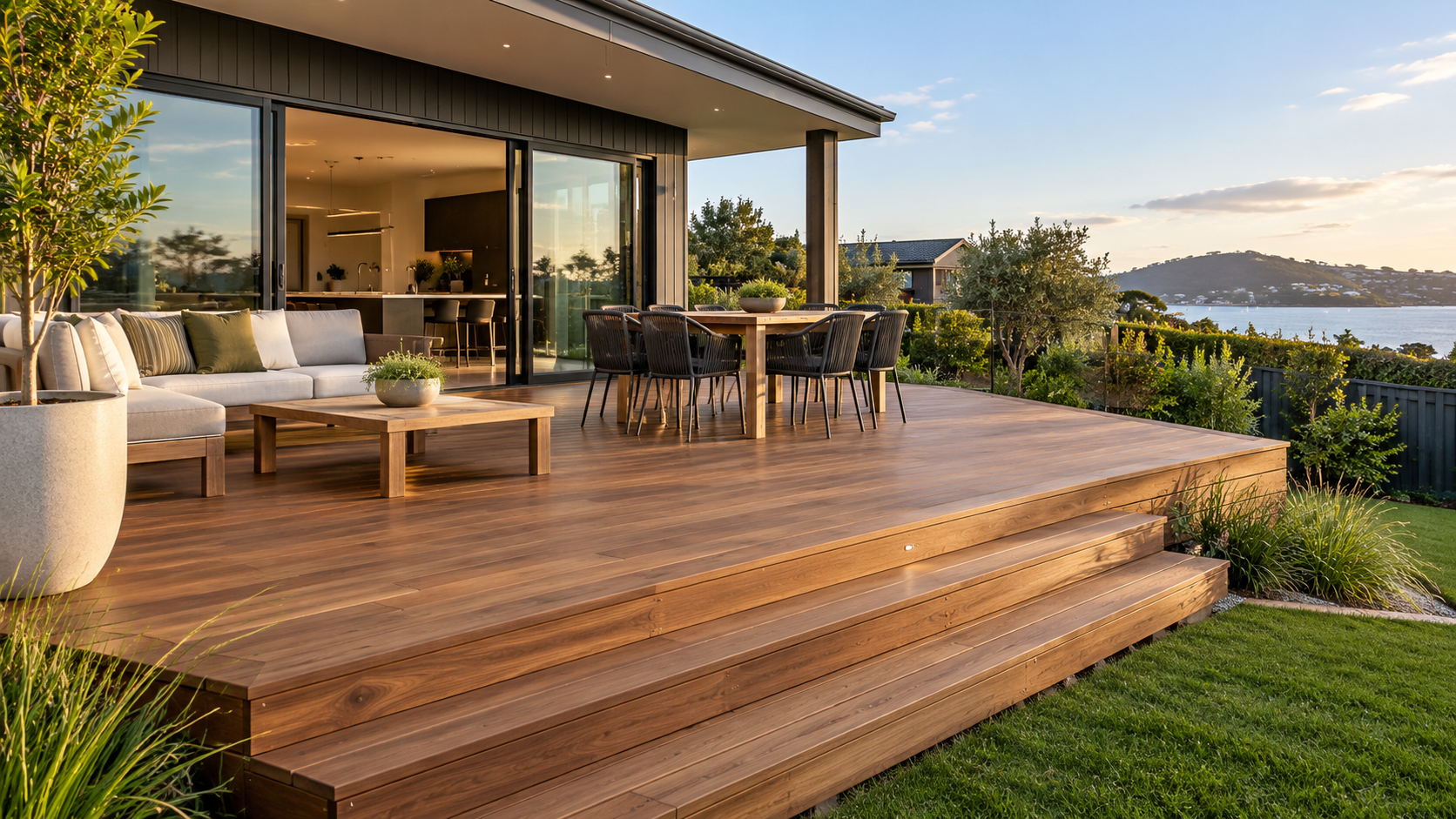 Illustrative timber deck and outdoor entertaining area