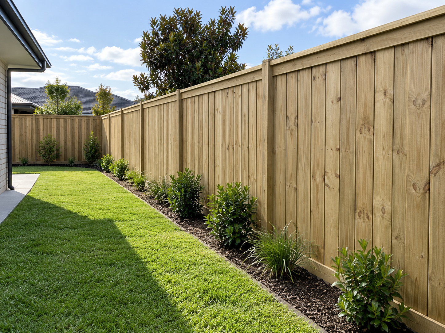 Timber paling fence set neatly within a suburban garden