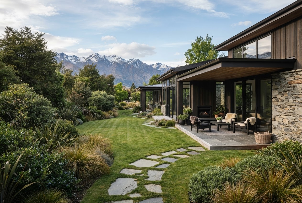 Illustrative Wānaka landscape concept with contemporary home, lawn and alpine planting
