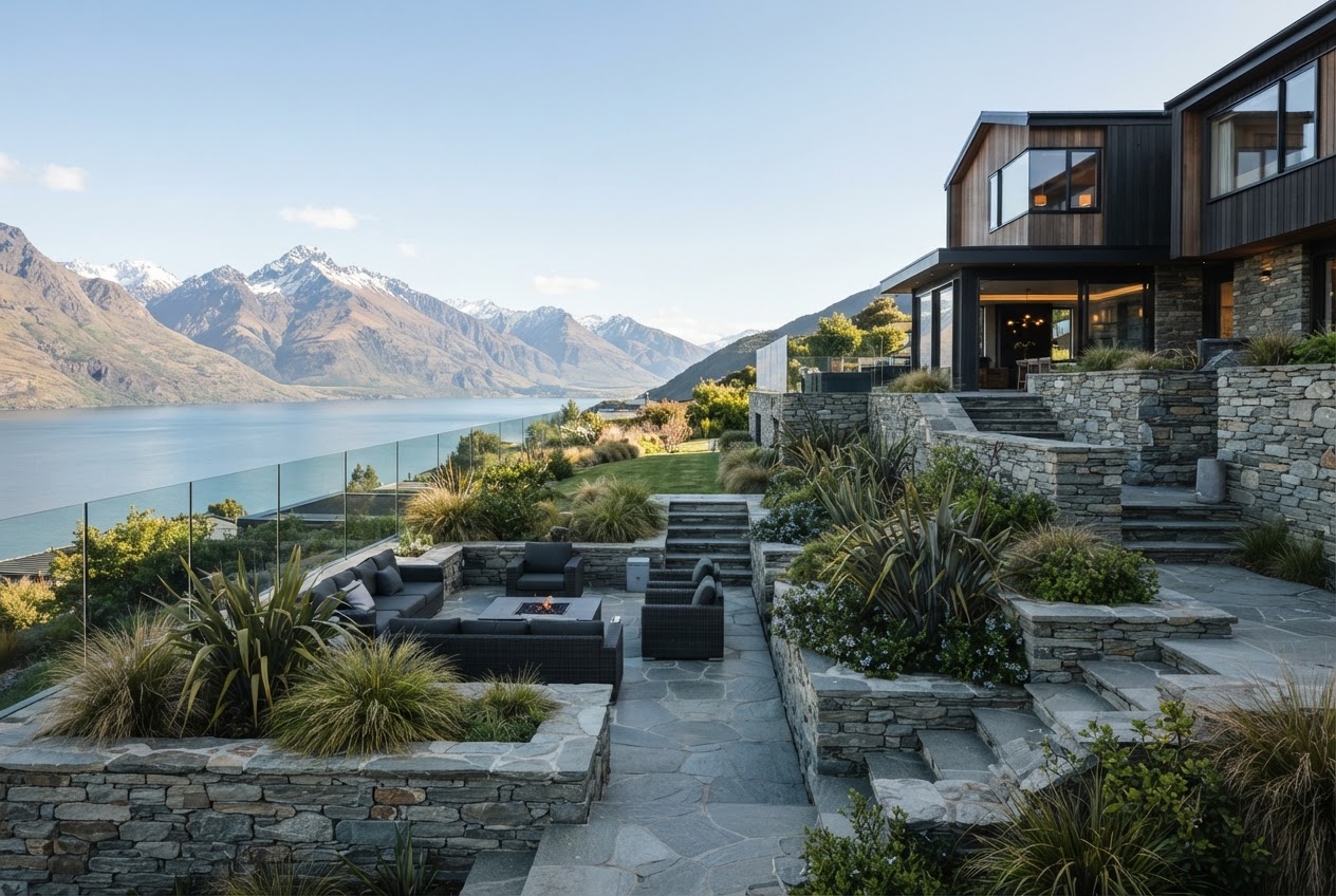 Illustrative Queenstown landscape concept with stone terrace, retaining and alpine planting