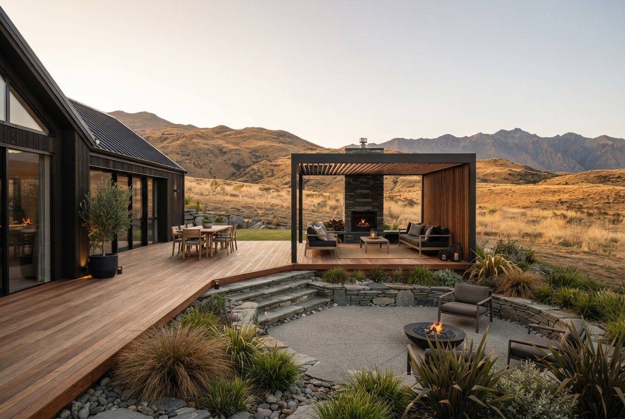 Illustrative Alexandra landscape concept with timber deck, planted edges and level transitions