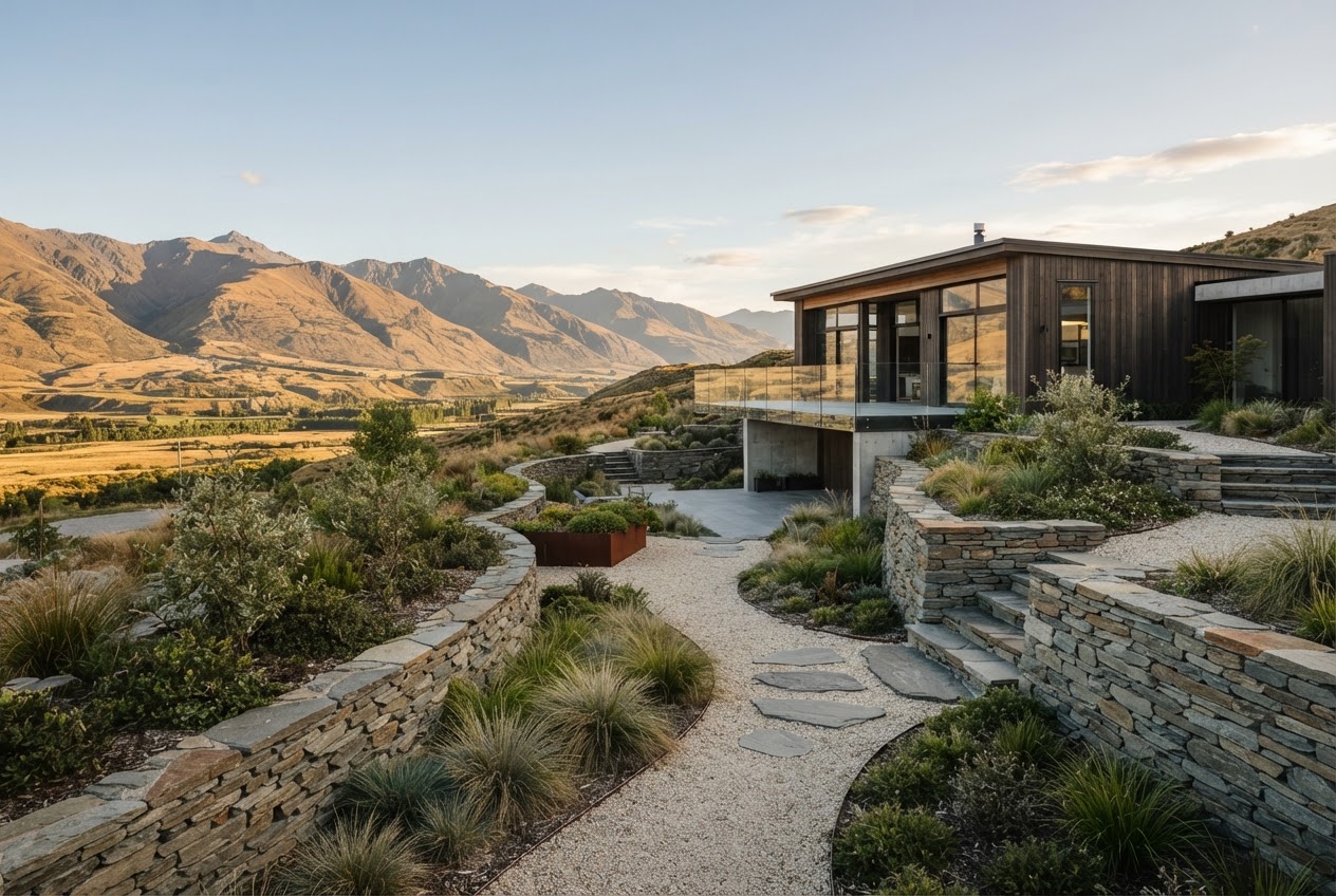 Illustrative Cromwell landscape concept with tiered stone retaining and drought-aware planting