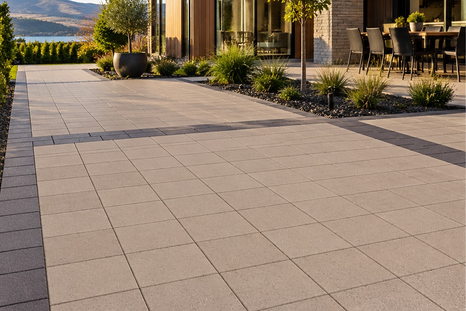 Illustrative Ash Grey square paving with a contrasting dark border