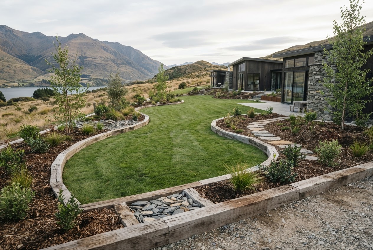 Illustrative garden development concept with lawn, planted beds and shrubs