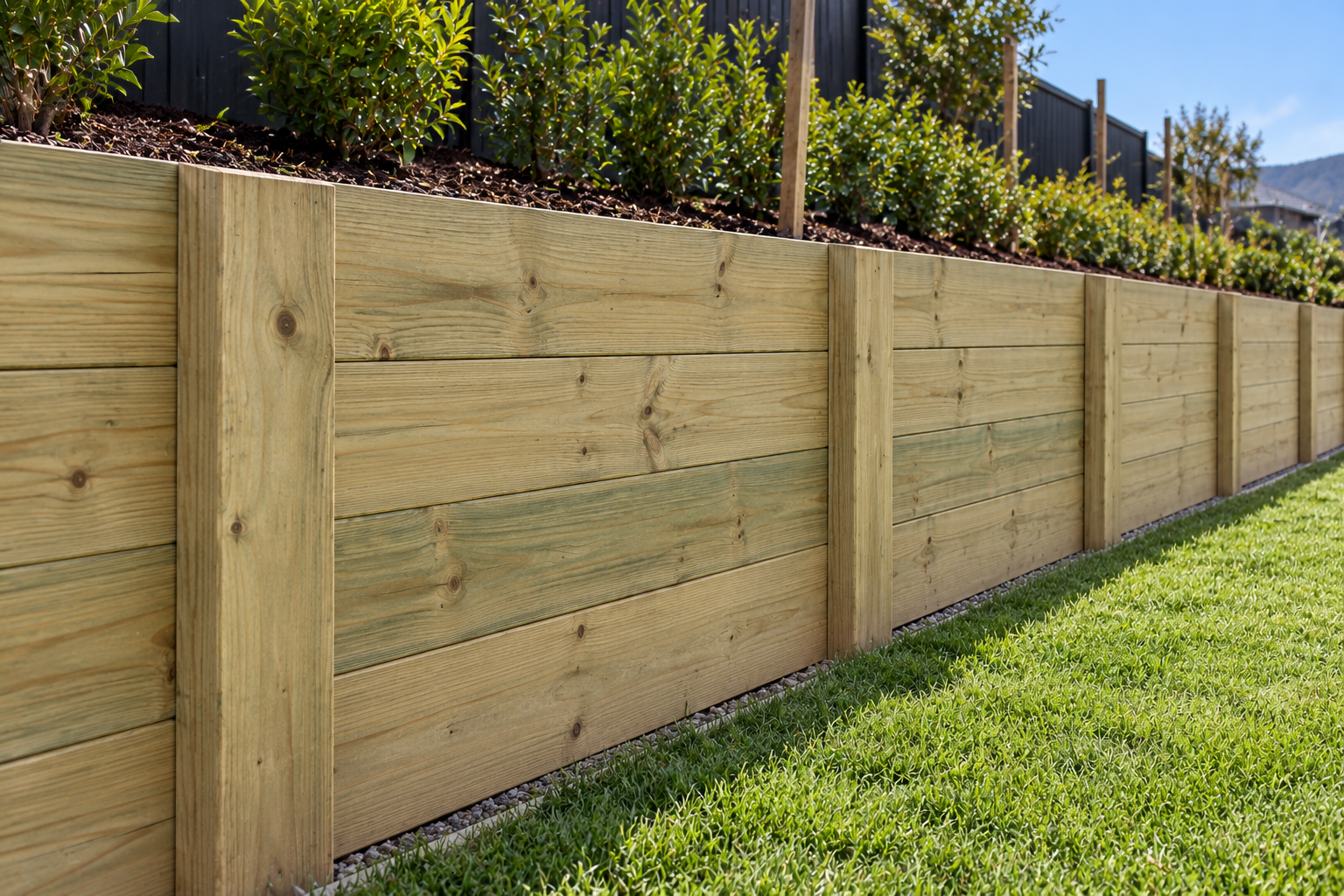 Timber retaining wall integrated into a landscaped outdoor space