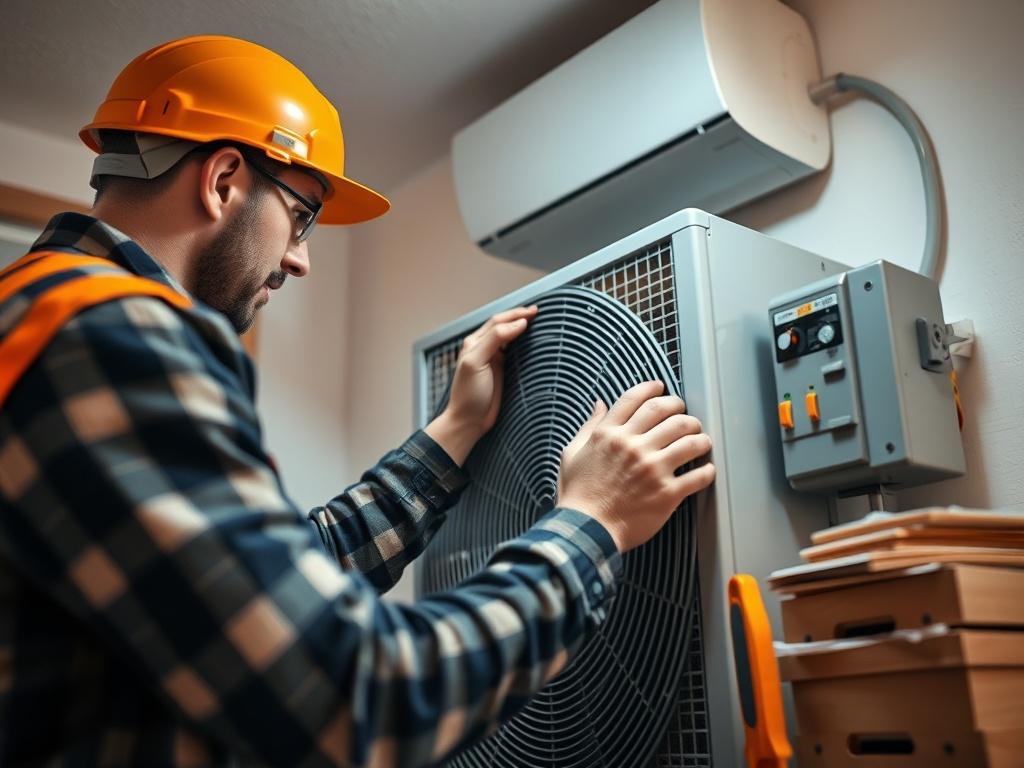 A high-resolution close-up shot of a skilled technician carefully installing a high-efficiency HVAC unit in a residential home. The technician is wearing safety gear and focused on precision, showcasing the equipment's modern technology. The background features a well-lit room, emphasizing cleanliness and professionalism, with tools and materials neatly organized nearby. The image captures the essence of expert craftsmanship and attention to detail in HVAC installation, with warm lighting reflecting the qua