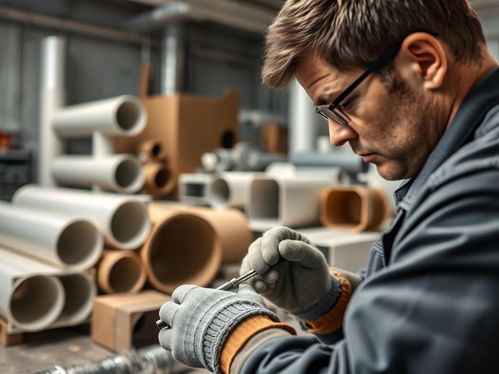 A hyper-realistic close-up of a technician expertly fabricating custom ductwork in a workshop. The technician is wearing gloves and using specialized tools, demonstrating precision and skill. Various duct pieces are arranged neatly in the background, showcasing the craftsmanship involved in custom fabrication. The setting is well-lit and organized, emphasizing a professional environment. The image illustrates the process of creating tailored duct solutions, highlighting the importance of quality and fit in 