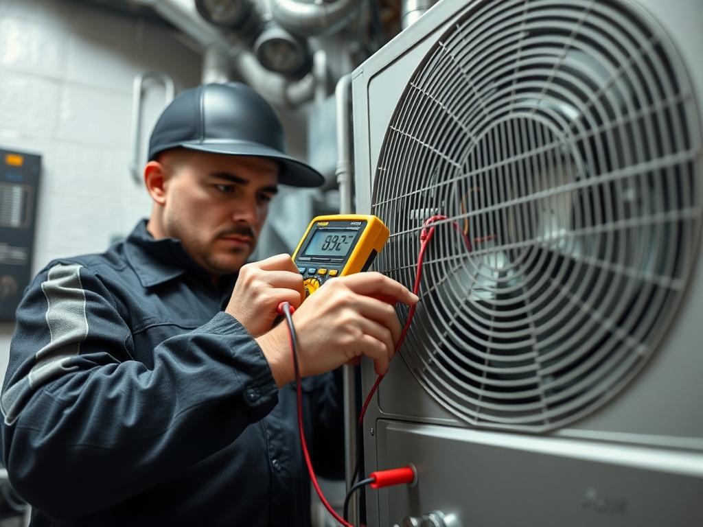 A detailed close-up of a technician performing preventive maintenance on an HVAC system. The technician is checking components with a digital multimeter, reflecting a commitment to thoroughness and care. The environment is clean and organized, with tools laid out efficiently. The image conveys the importance of routine inspections and maintenance for system longevity and efficiency, emphasizing the proactive approach Norkum Mechanical Solutions takes to ensure optimal performance.