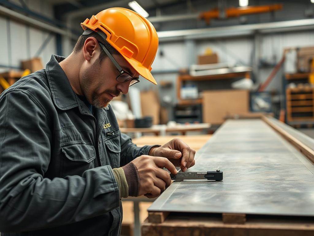 A close-up shot of a skilled technician working on custom ductwork fabrication in a workshop. The technician is measuring and cutting metal sheets with precision tools. The workshop is filled with high-quality materials and equipment, showcasing the craftsmanship involved in creating custom ductwork. The focus is on the meticulous work being done, emphasizing the expertise and attention to detail in the fabrication process.