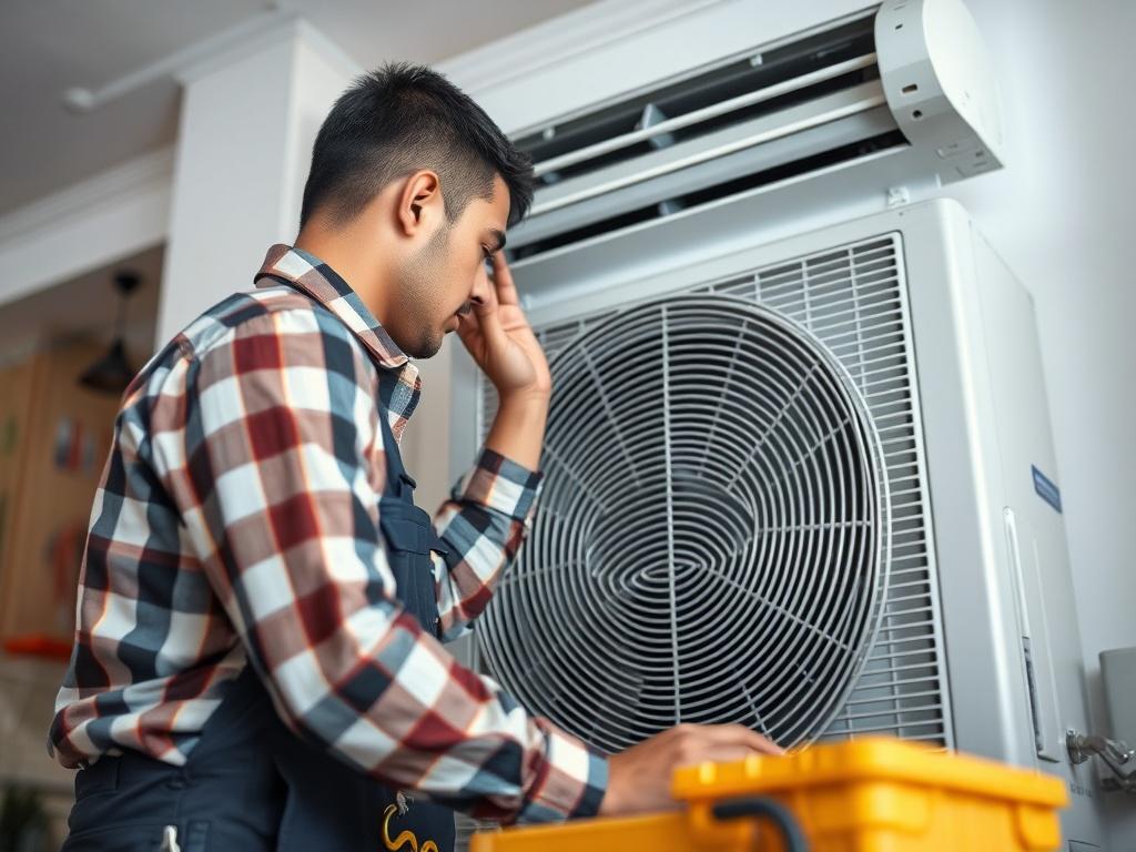 A close-up shot of an HVAC technician installing an air conditioning unit in a residential setting. The technician is focused and working carefully, surrounded by tools and equipment. The background is a clean and organized home environment, showcasing the professionalism and precision of the installation process. The image should be rendered in hyper-realistic detail, emphasizing the technician's skill and the quality of the HVAC unit.