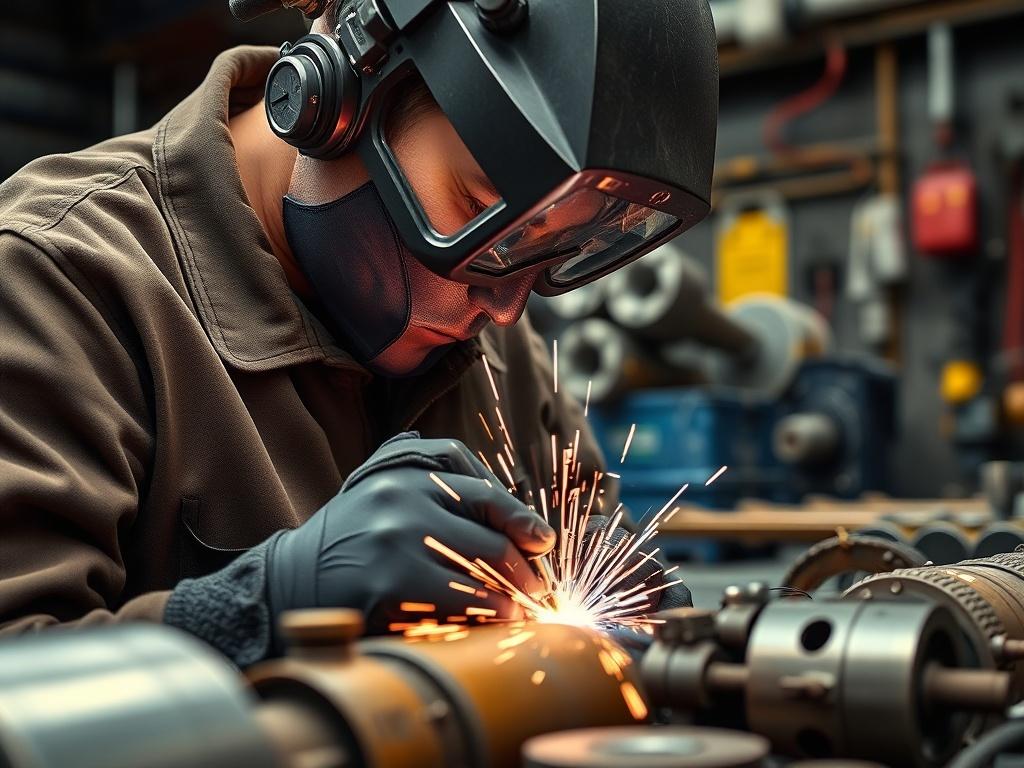 A close-up shot of a technician performing specialty welding on metal components in a workshop. The welder is focused, using a welding torch with sparks flying, showcasing the intensity and craftsmanship of the work. The background includes various metal parts and safety equipment, emphasizing the professionalism and safety standards upheld during the welding process.
