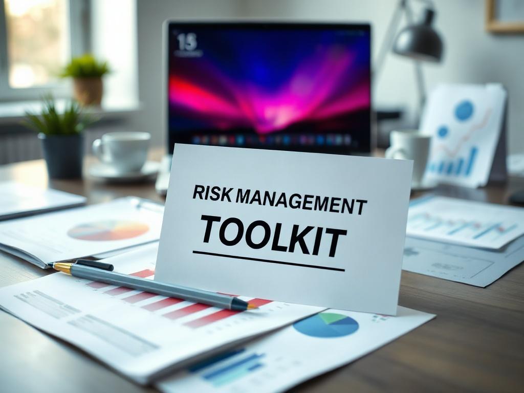 A realistic high-resolution photo of the Risk Management Toolkit displayed on a desk, featuring open documents, charts, and a laptop in the background. The setting is a well-lit office environment, emphasizing a productive workspace. The colors are rich and professional, aligning with the primary color rgb(2, 86, 197).