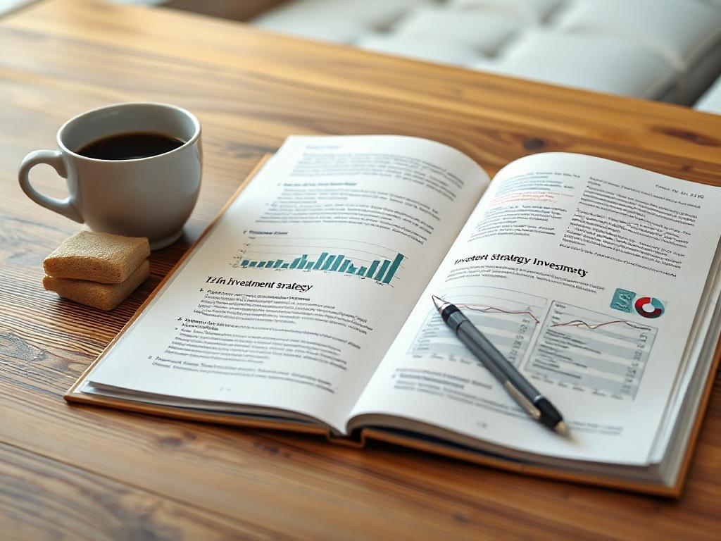 A realistic high-resolution photo of an open investment strategy guide laid on a wooden table, with a cup of coffee beside it. The background is softly blurred, emphasizing the guide's pages filled with text and charts, showcasing a professional and inviting atmosphere. The colors are warm and balanced, complementing the primary color rgb(2, 86, 197) with subtle accents.