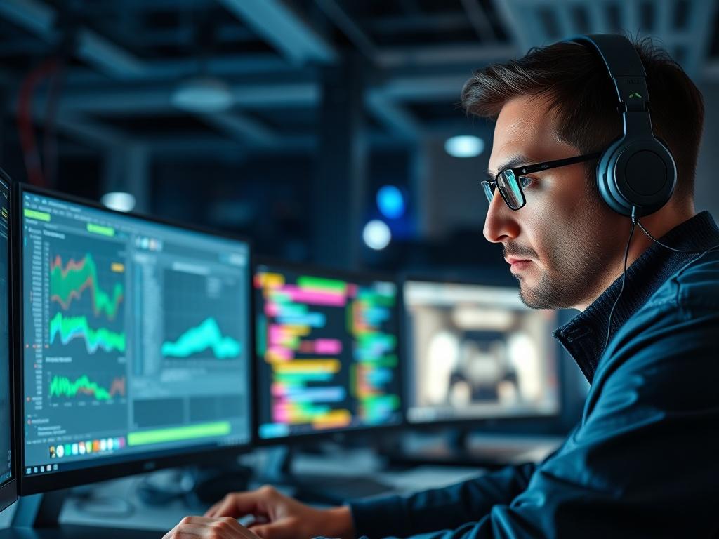 A focused IT technician working at a computer, monitoring system performance on multiple screens, with a calm and confident demeanor. The background showcases a modern tech setup, emphasizing the proactive nature of IT support. The image should convey a sense of vigilance and expertise, with a close-up view of the technician at work.