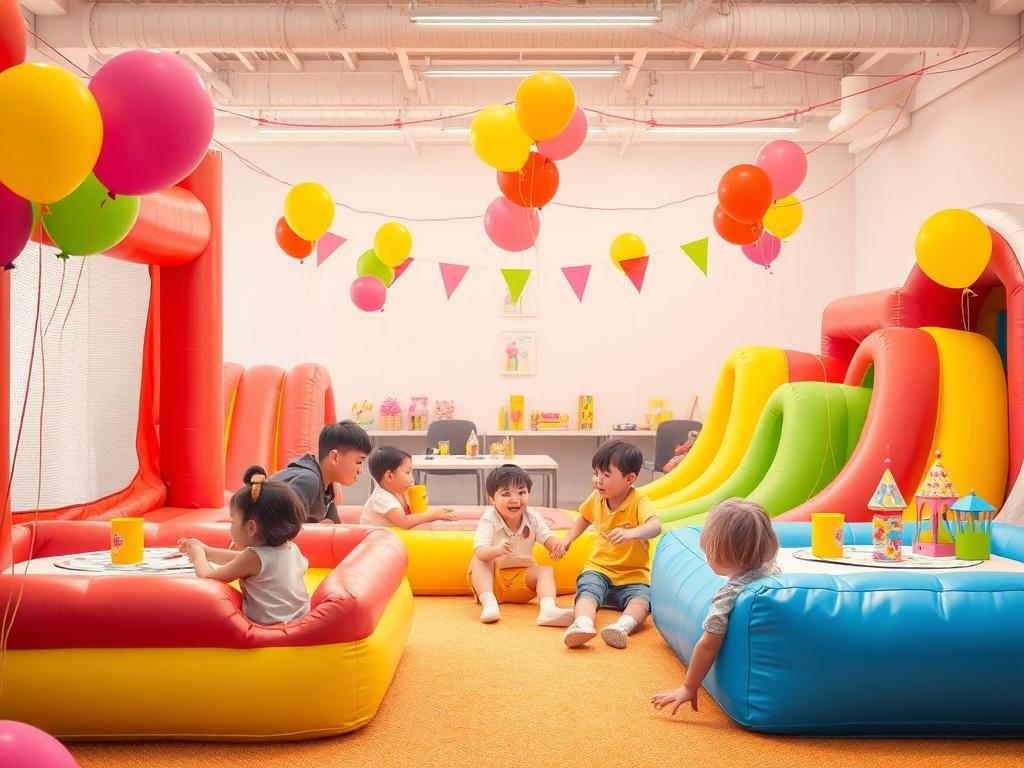 A vibrant and cheerful children’s party scene featuring soft play