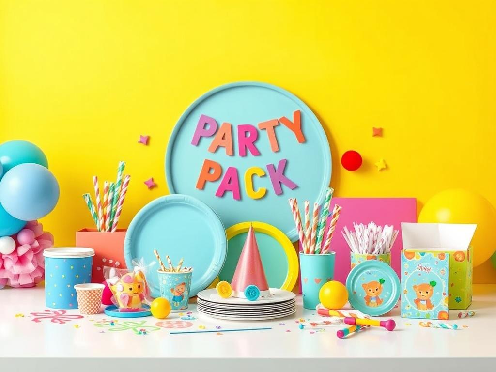 A colorful display of a party pack essentials, including themed