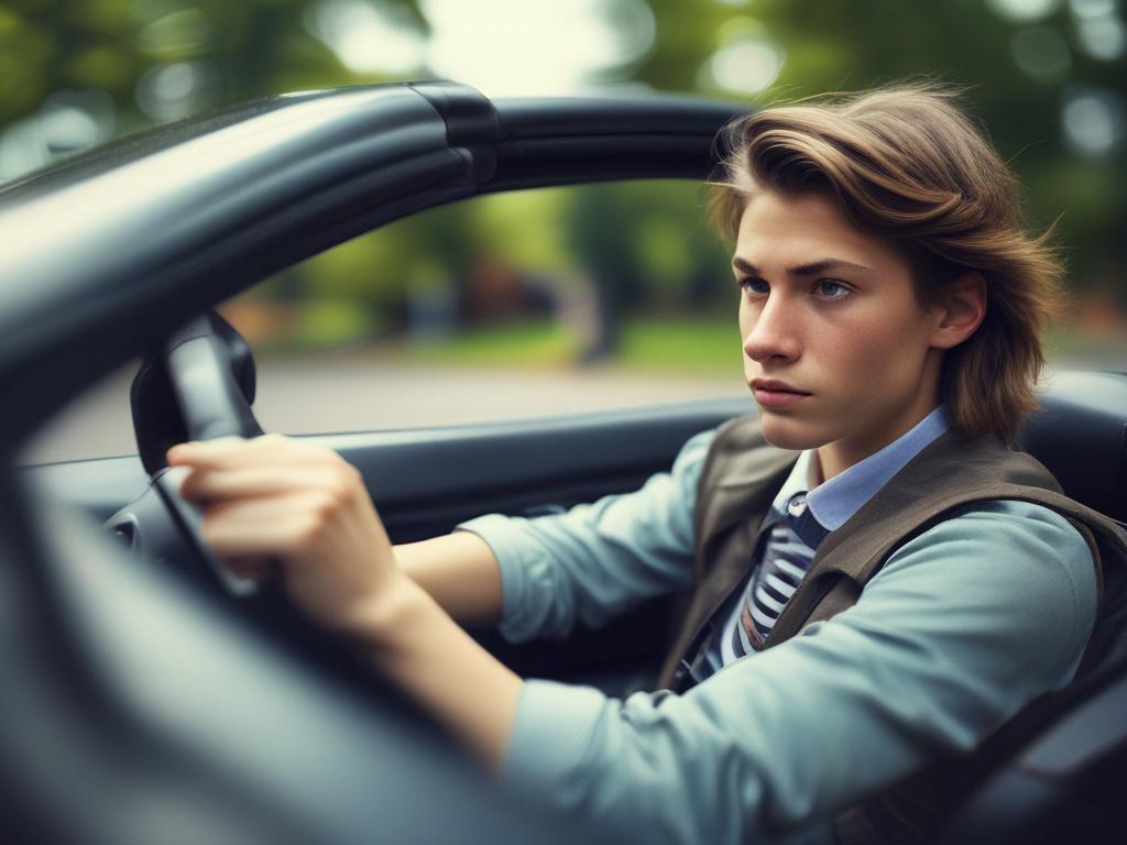 A close-up shot of a teenage driver confidently gripping the steering wheel of a car during a driving lesson. The focus is on the driver, showcasing their concentration and determination. The background features a blurred city street, hinting at a lively driving environment. The lighting is soft and warm, creating a welcoming atmosphere. The image should be realistic and high-resolution, compatible with the rgb(162, 175, 127) primary color.