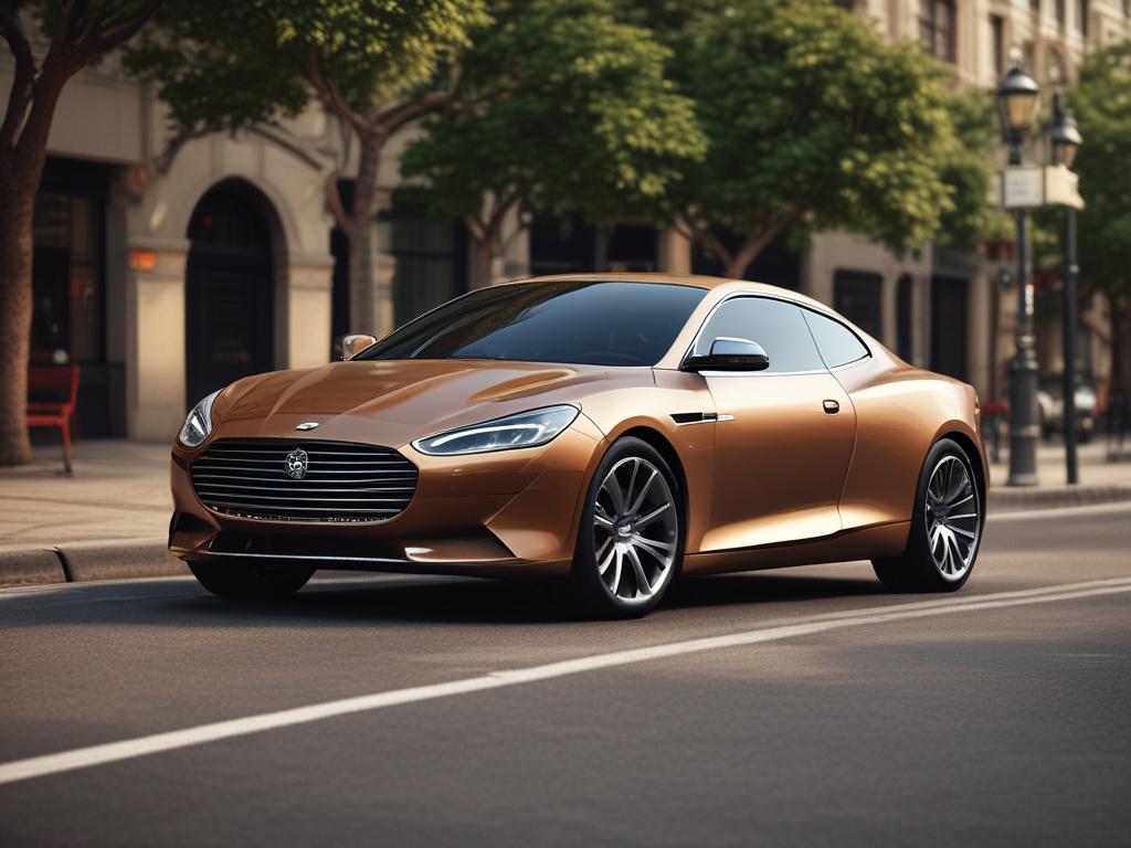 A realistic high-resolution photo featuring the front of a nice car, showcasing sleek lines and an elegant design. The car is parked on a smooth, well-lit street, with a soft-focus background that includes hints of greenery. The lighting highlights the car's shiny surface, emphasizing its color and details. The composition is simple and clear, focusing solely on the car's front end. The image should evoke a sense of sophistication and modernity, capturing the beauty of automotive design.