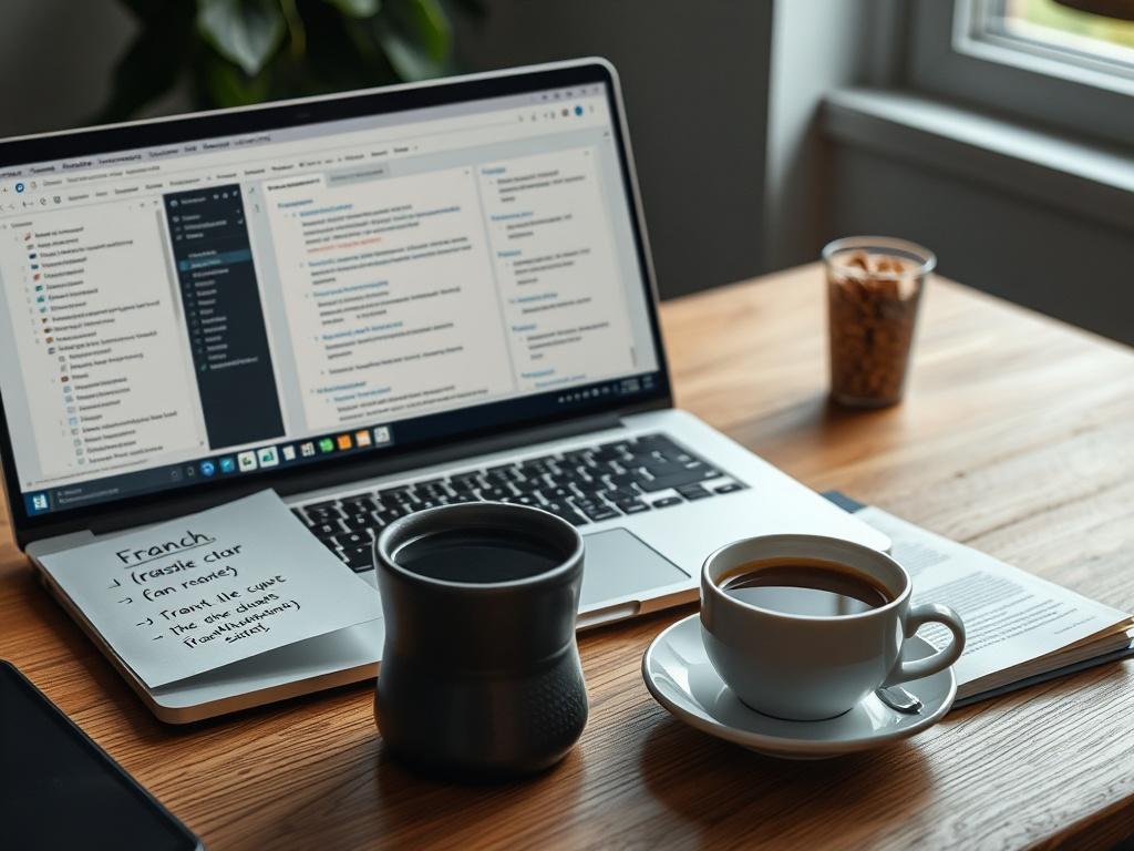 A close up shot of a professional translator's workspace featuring