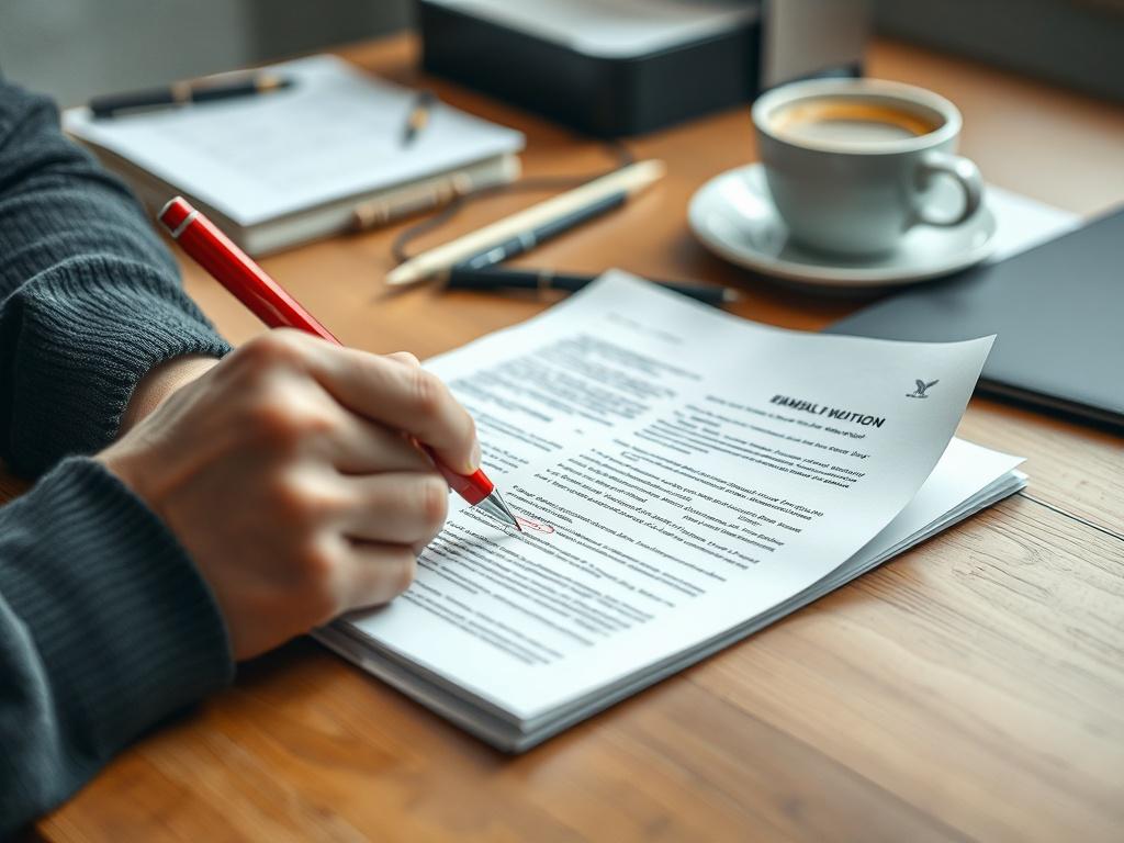 A close-up of a proofreader reviewing a document, marking corrections with a red pen. The background features an organized desk with notes and a cup of coffee, reflecting a focused and professional editing environment.