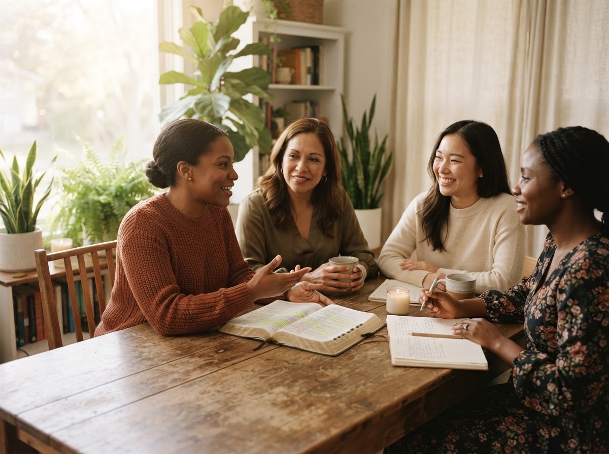 Women gathered around an open Bible and journal, listening and encouraging one another