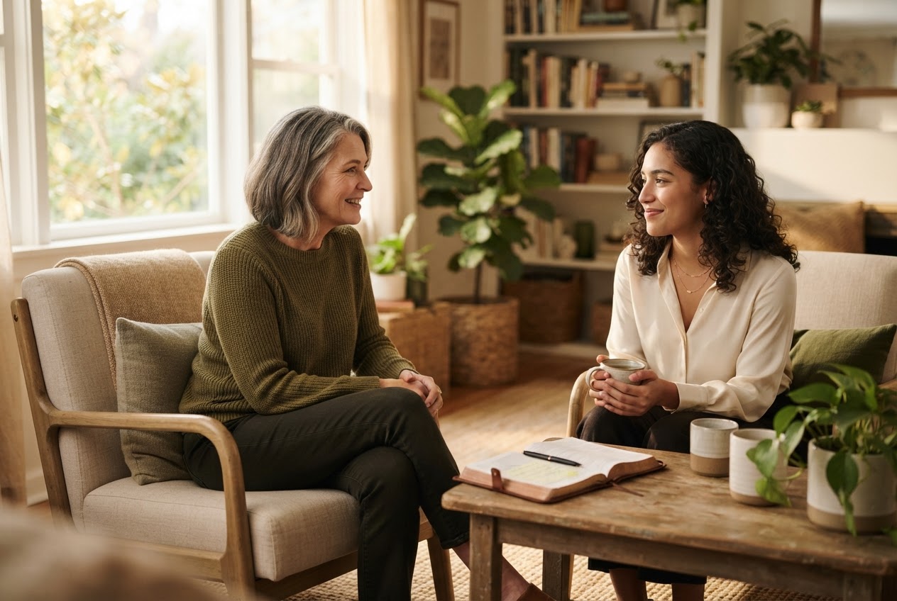 A mentor and mentee sharing a thoughtful conversation in a welcoming home
