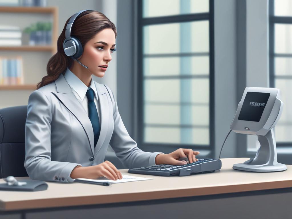 Create a highly detailed and lifelike illustration that captures the essence of "Why AI Voice Receptionists are Essential for Your Business." The composition should be simple and clear, focusing on a single subject: a futuristic AI voice receptionist device. This device should be sleek and modern, featuring a smooth, glossy finish with integrated LED lights that give it an inviting, high-tech appearance. 

Position the AI voice receptionist device on a clean, polished wooden desk, surrounded by subtle eleme