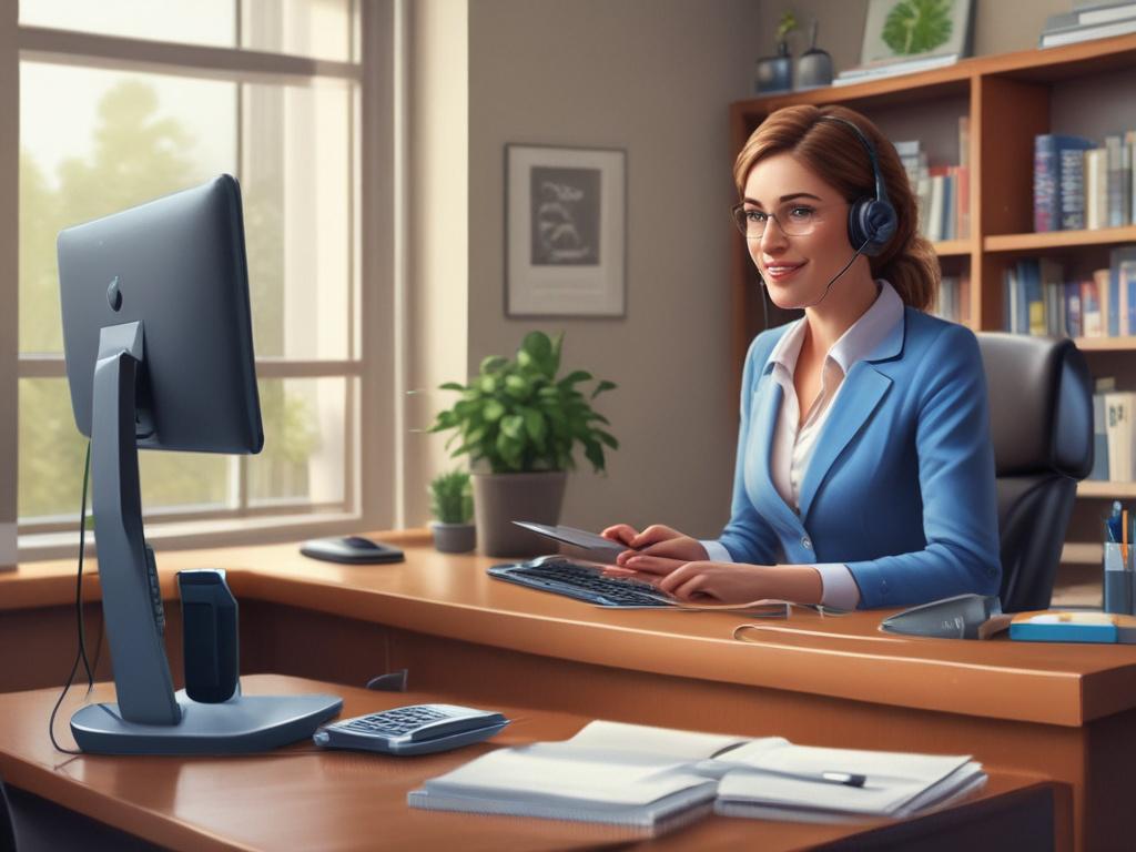 A detailed, lifelike painting of a friendly virtual receptionist AI interacting with a customer on a computer, set in a modern office environment, with a bright and welcoming atmosphere.