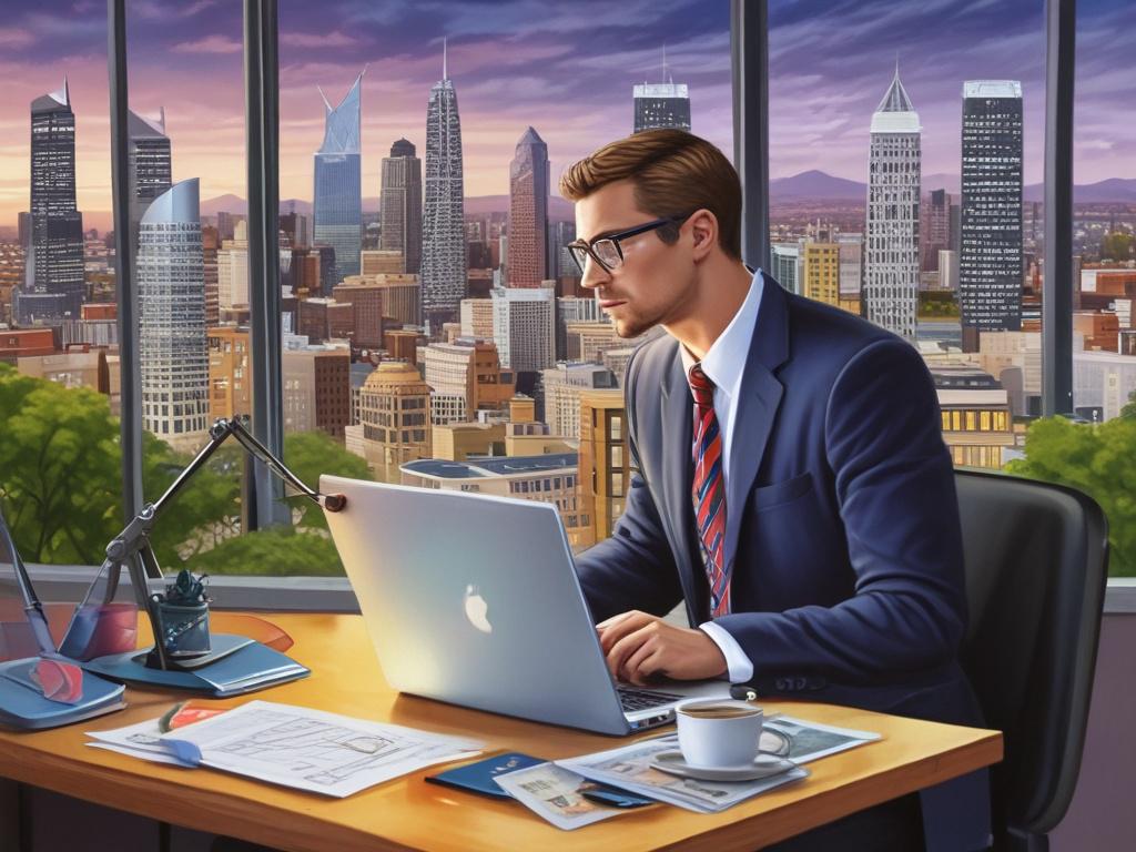 A highly detailed and realistic painting of a business professional analyzing local SEO data on a laptop. The background features a cityscape with local landmarks, emphasizing community engagement. The subject is focused and engaged, highlighting the importance of local optimization.