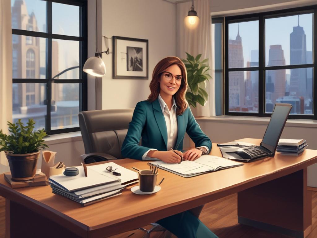 **AI Image Generation Prompt:**

Create a high-quality illustration of a professional real estate agent sitting at a sleek, modern office desk in a stylish, well-lit home office environment. The agent, a mid-30s individual, is smiling while interacting with a glowing AI virtual receptionist on a computer screen, which visually resembles a friendly robot avatar. This AI avatar should appear engaging and inviting, reflecting the efficiency and modernity of Blue Ventures Digital's technology.

The background s