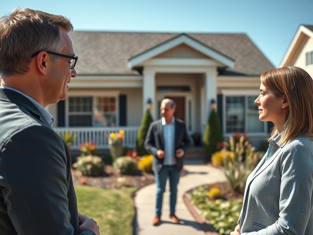 A realistic high-resolution photo of a confident realtor discussing a property with a potential buyer in front of a beautifully staged single-family home. The focus is on the realtor's engaging expression and the buyers' attentive responses. The background showcases a well-maintained front yard with vibrant plants and a clear blue sky, creating an inviting atmosphere. The composition is simple and clear, emphasizing the interaction between the realtor and the buyers.
