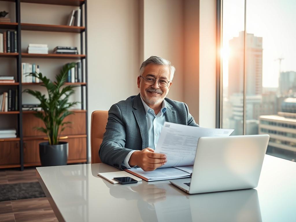 Create a realistic high-resolution photo focusing on a single subject: a confident real estate investor sitting at a modern, sleek desk in an inviting office environment. The investor should be a middle-aged individual, dressed in professional attire, thoughtfully reviewing financial documents related to private money lending. The background should feature elegant shelves with books on real estate and finance, along with a potted indoor plant, adding a touch of warmth to the office space. 

Ensure the light