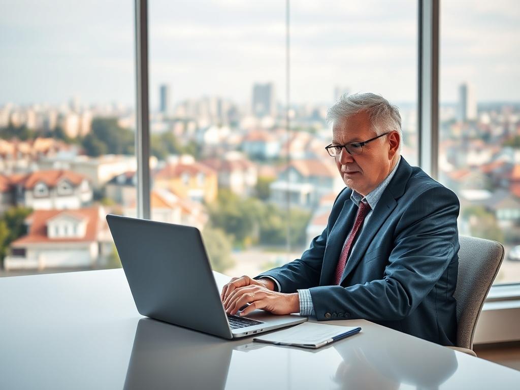 **AI Image Generation Prompt:**

Create a realistic high-resolution photo representing the blog titled "The 'Rate-Drop' Trap: Why Waiting for Lower Rates Could Cost You." The composition should be straightforward and focused, featuring a solitary subject: a seasoned real estate investor in a well-lit, modern office space, seated at a sleek desk with a laptop open before them. The subject should be deeply engaged in analyzing real estate market data, indicating a proactive approach to investment decisions.

