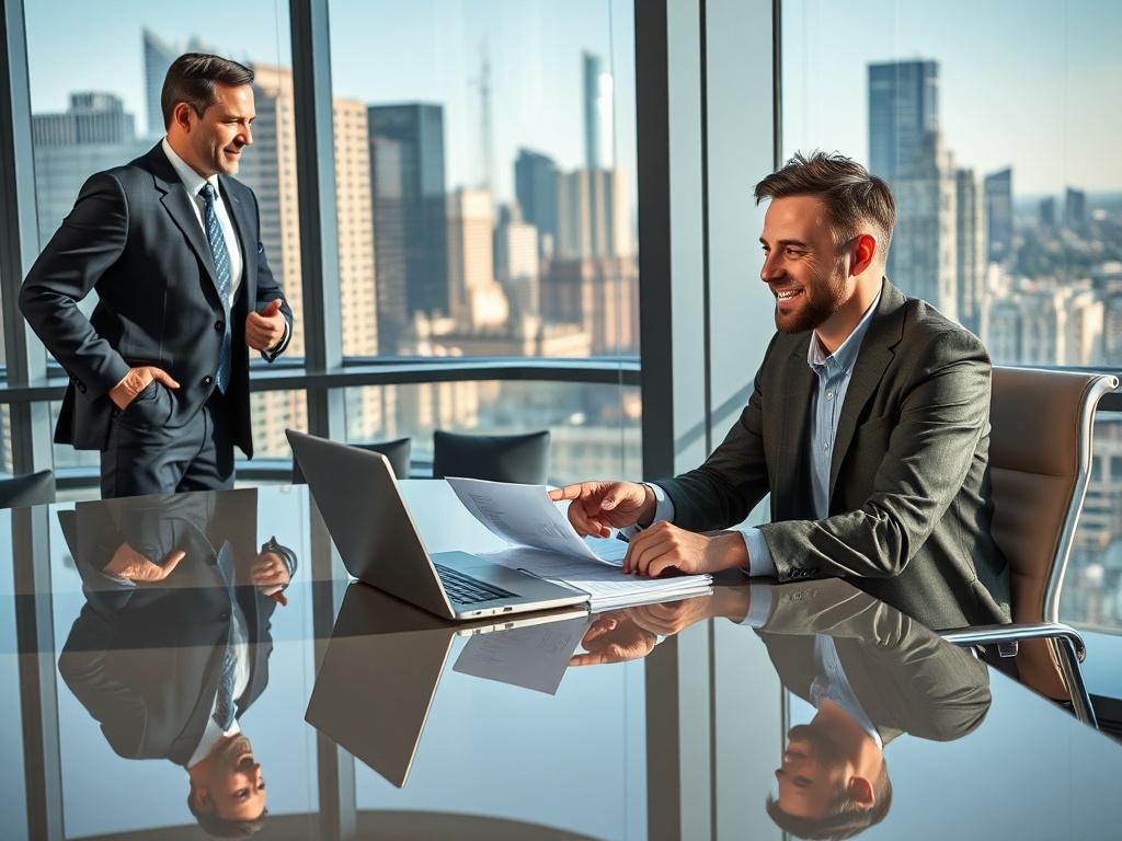 **AI Image Generation Prompt:**

Create a realistic high-resolution photo that visually encapsulates the concept of "Private Credit’s Moment: How Hard-Money Lenders Are Replacing Banks in 2026." The image should feature a single, elegant office space in a modern financial district, showcasing a successful private money lender confidently discussing terms with a smiling real estate investor. 

**Composition Details:**
- The setting should convey a professional atmosphere with sleek furnishings, floor-to-ceil