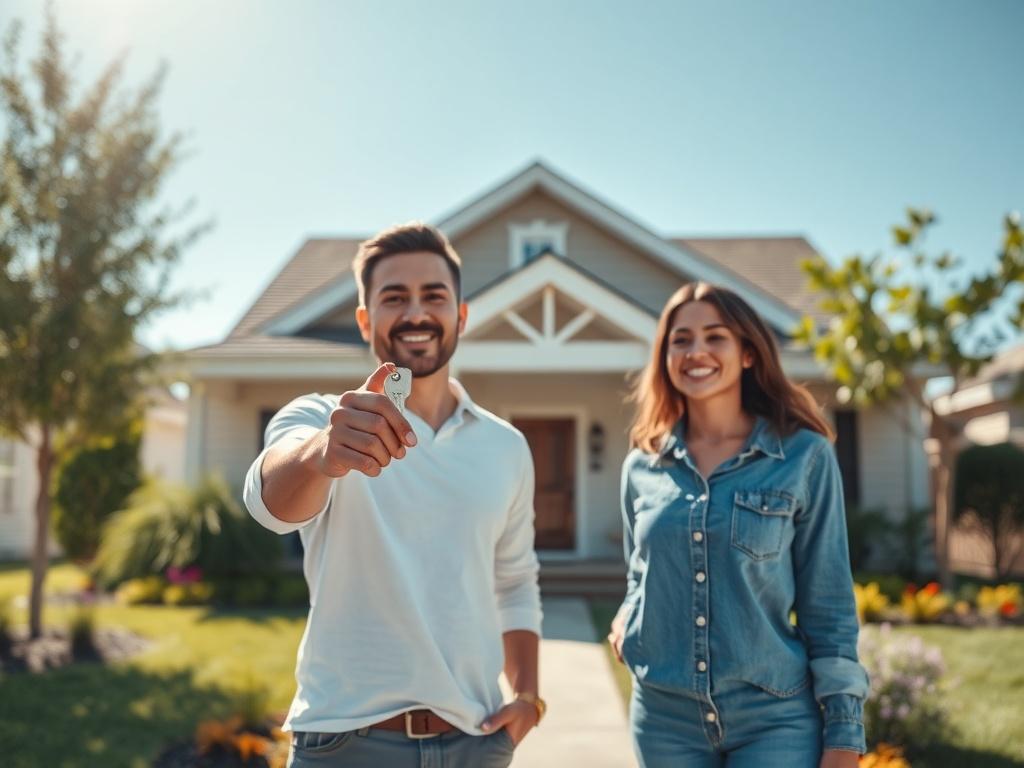 **AI Image Generation Prompt**

Create a realistic high-resolution photo focused on the theme of "The True Cost of a Low Down Payment: What Most Buyers Don’t Realize." The image should feature a close-up shot of a single-family home with new homeowners standing proudly in front of it, holding house keys and smiling. The subject, representing a young couple or family, should exude excitement and hope, highlighting the thrill of homeownership. 

The home should be depicted in a bright and inviting manner, sho