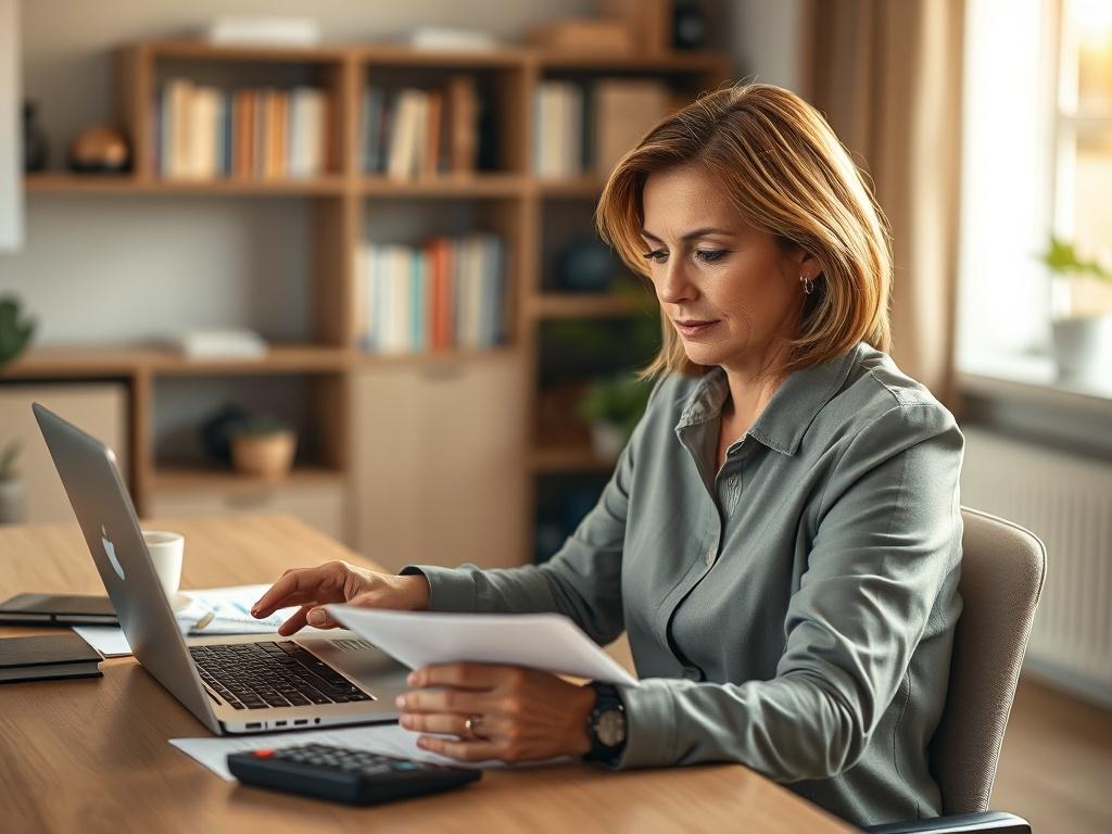 **AI Image Generation Prompt:**

Create a realistic high-resolution photo that visually encapsulates the theme of credit scores influencing buying power in real estate. 

**Composition**: The image should have a simple and clear composition focusing on a single subject: a person seated at a modern desk with a laptop open in front of them, visibly reviewing financial documents and charts. 

**Subject Matter**: The person should be a middle-aged Caucasian woman with a thoughtful expression, dressed in busines