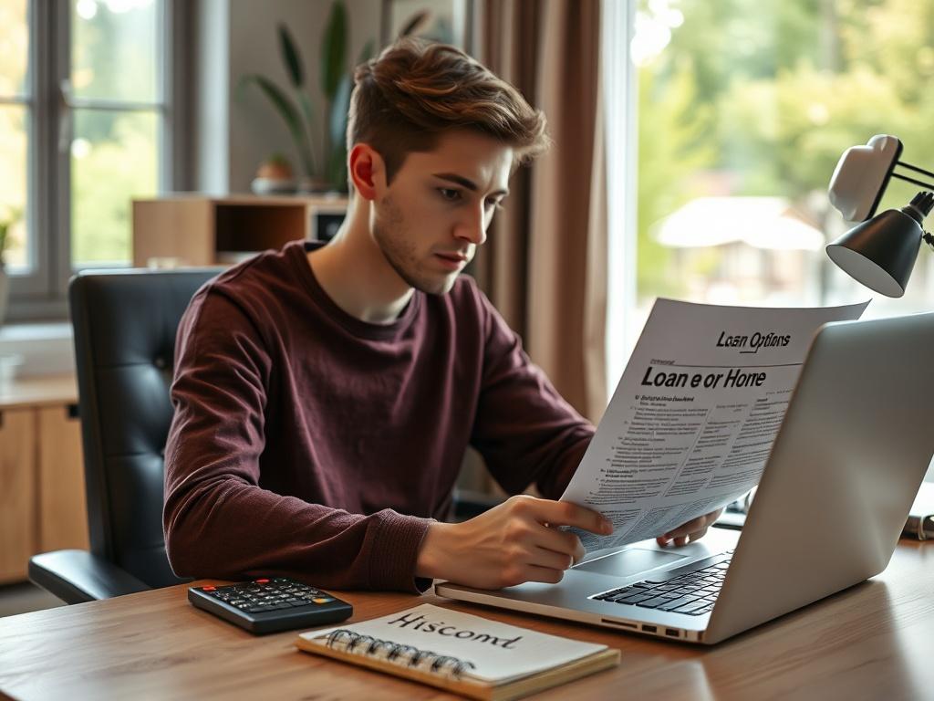 **AI Image Generation Prompt:**

Create a realistic high-resolution photo featuring a single subject: a person sitting at a well-organized desk, deeply engaged in reading a document about loan options for home buying. The individual should be a young adult, with a focused expression, showcasing determination and curiosity. 

The desk should be clean and minimalistic, featuring a laptop, a calculator, and a notepad with handwritten notes, emphasizing research and preparation for a real estate investment. The