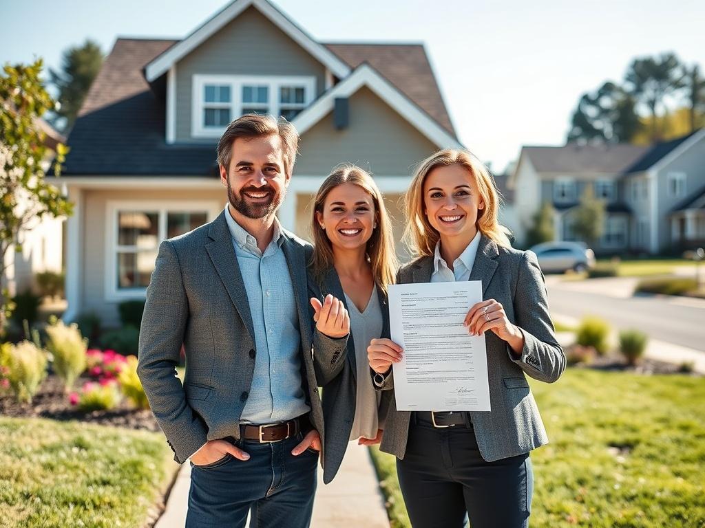 **AI Image Generation Prompt:**

Create a realistic high-resolution photo focusing on a single family home in a serene suburban neighborhood. The image should capture a modern, well-maintained exterior, featuring inviting landscaping with manicured lawns and colorful flowers. The lighting should be bright and natural, suggesting a clear, sunny day to evoke a sense of optimism and opportunity.

In the foreground, include a visibly pleased couple, dressed in business casual attire, standing in front of the ho