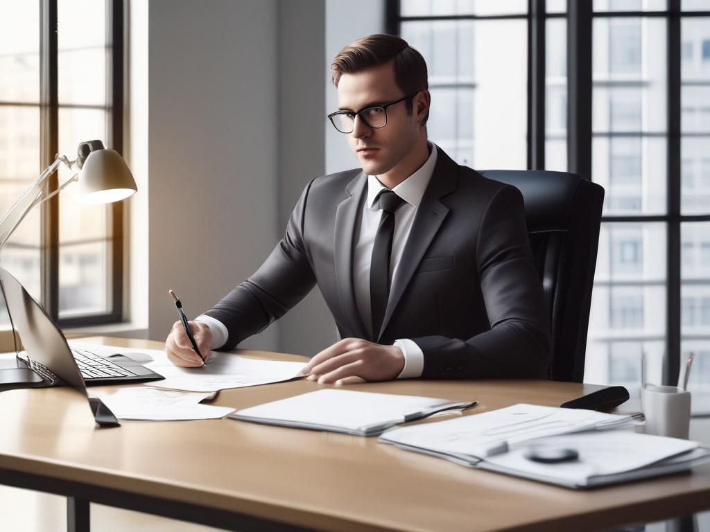 A professional lawyer in a suit, sitting at a desk