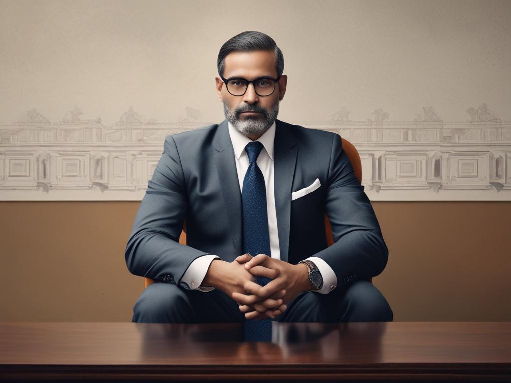 Create a realistic high-resolution image that captures the essence of civil law in India. The central subject should be a seasoned legal professional, a middle-aged man or woman in formal attire, sitting at a sleek, modern wooden desk in a well-lit office setting. The lawyer should be focused on reviewing a set of legal documents, displaying an expression of deep concentration and authority.

The background should feature bookshelves filled with legal texts and statutes, reflecting the depth of knowledge an