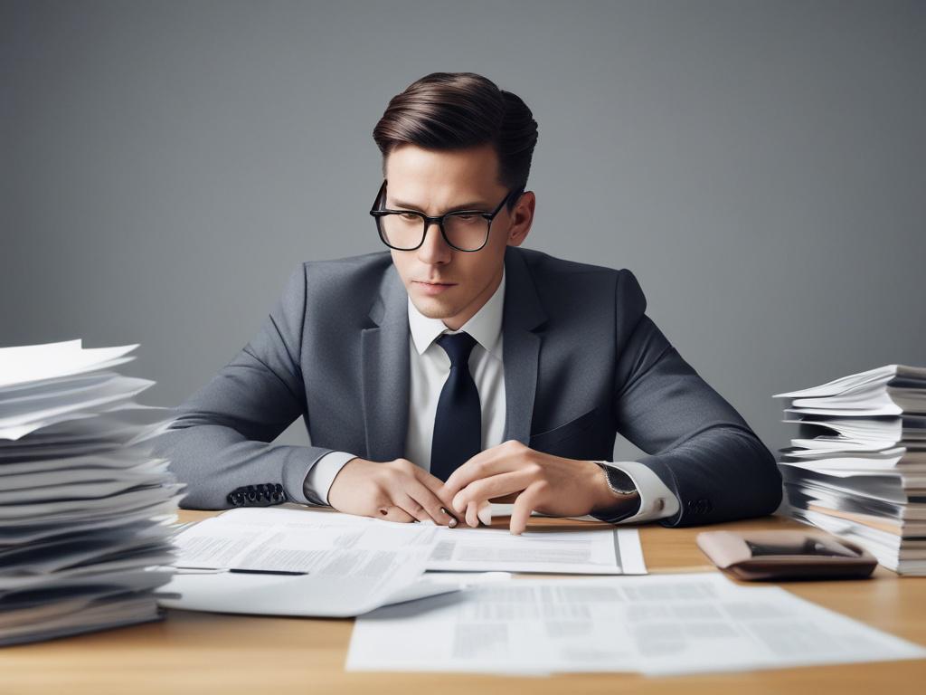 A high-resolution photo of a professional lawyer sitting at a desk, reviewing legal documents with a focused expression, surrounded by organized files and a laptop. The background is minimalistic with clean lines and soft lighting, showcasing a sense of professionalism and clarity.