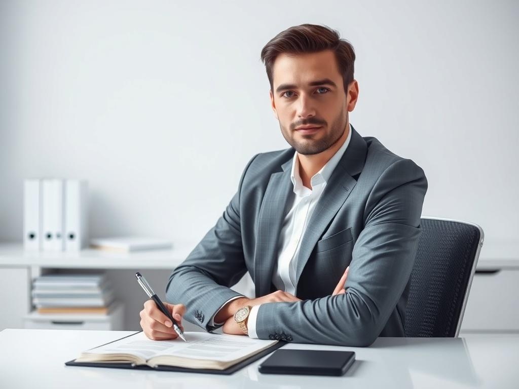 A professional lawyer sitting at a clean, minimalist desk with legal books and documents in the background. The lawyer is dressed in formal attire, with a confident expression, holding a pen and looking directly at the camera. The setting is well-lit, emphasizing the focus on the lawyer, with a soft blue and white color palette to reflect trust and professionalism.