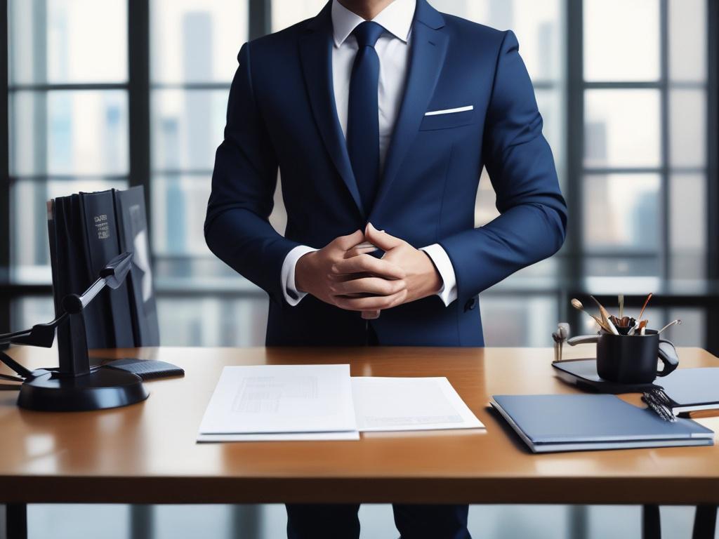 A professional lawyer in a navy blue suit, standing confidently in an office setting with a clean and minimalistic design, showcasing a desk with legal books and documents in the background, emphasizing professionalism and expertise.