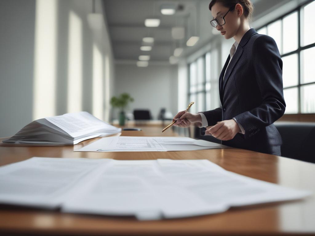 realistic high-resolution photo of a legal practitioner reviewing property documents in a minimalist office setting, clean lines, simple colors, focus on essential elements, professional atmosphere