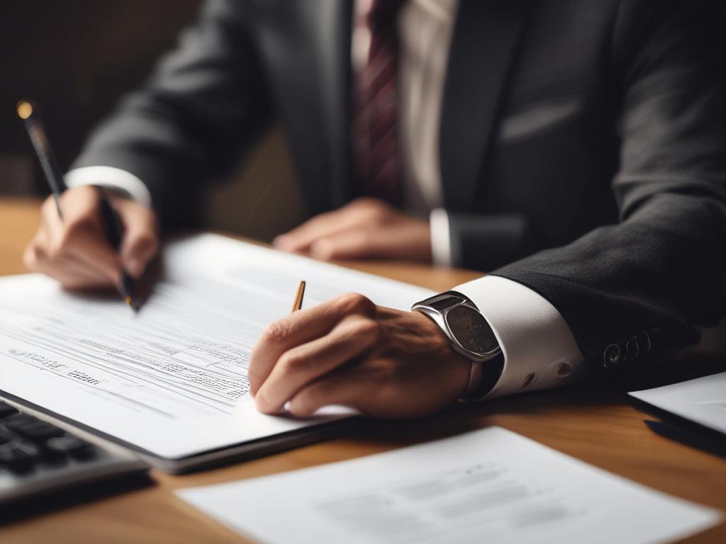 A professional legal consultant seated at a modern desk, reviewing legal documents with a focused expression. The background is minimalistic with soft lighting, emphasizing the subject's expertise and authority. The color scheme includes navy blue tones and clean lines, creating a sense of professionalism and trust.