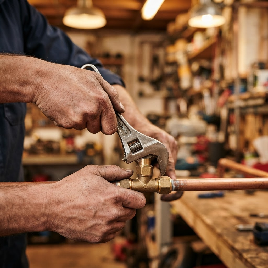 Plumber tightening a copper pipe fitting