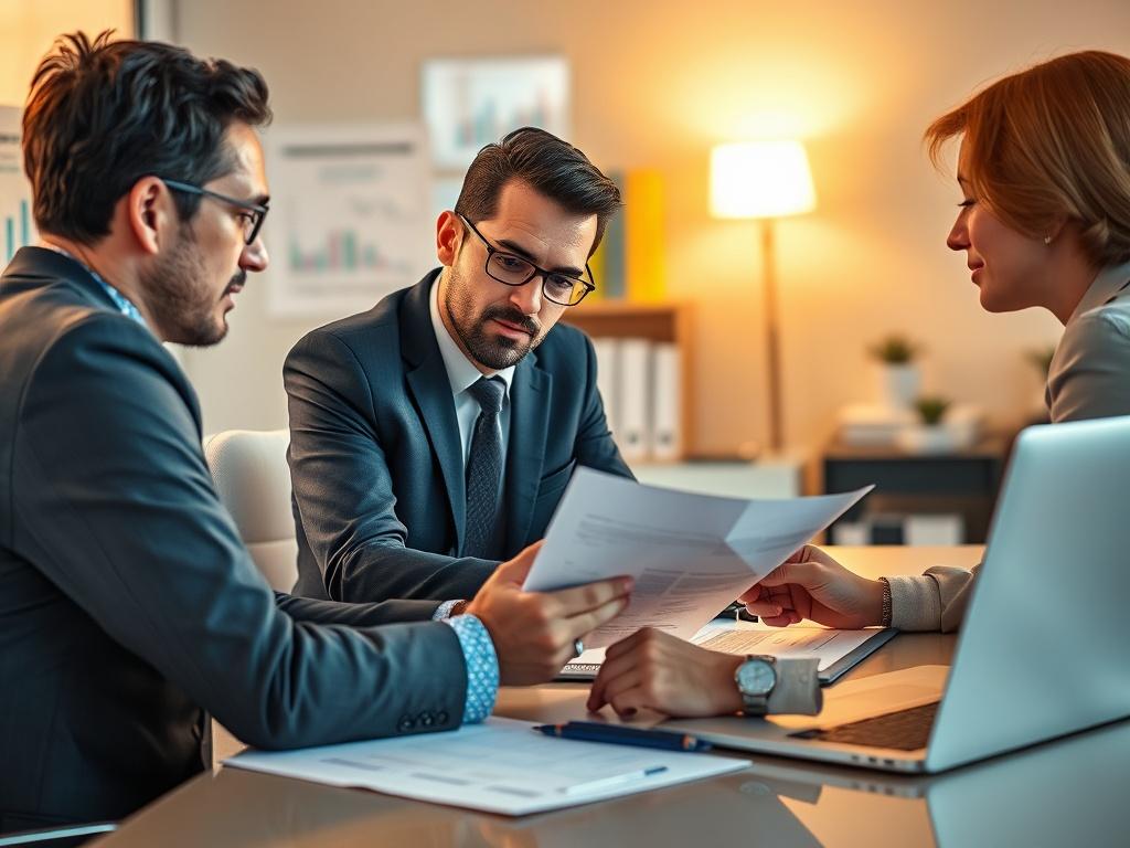 A close-up shot of a professional consultant sitting at a modern desk, reviewing documents and discussing financial plans with a client. The consultant is focused and engaged, while the client looks attentive and interested. The background features a clean, organized office space with financial charts and a laptop visible. The lighting is warm and inviting, creating a sense of trust and professionalism. The image should be rendered in high-resolution with hyper-realistic detail, capturing the serious yet ho
